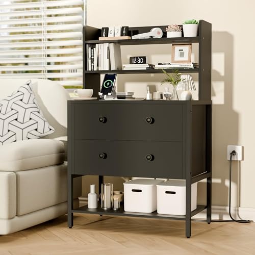 39 Inch Tall Nightstand with 2 Drawers & Charging Station, Black | 4-tier Open Shelves, P2 Particle Board, Steel Frame, 2 AC Outlets, 2 USB Ports, Suitable for Dorm and Apartment - color: Black