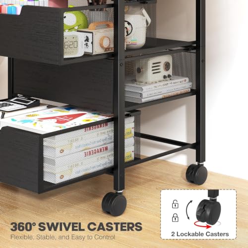 Rolling Cart with Drawers, Wooden Top and Front, with Wheels Metal Under Desk Storage Cart with 4 Drawers, for Office, Bedroom, Classroom, Home, Black - color: Black