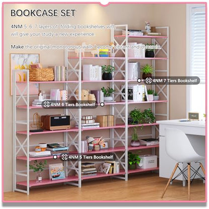 4NM 5 Tiers No Assembly Book Shelves, 51.2" H Folding Bookshelf Bookcase Open Industrial Foldable Shelves for Bedroom, Living Room, Home Office - Pink White - color: Pink White, size: XX 5-Tier