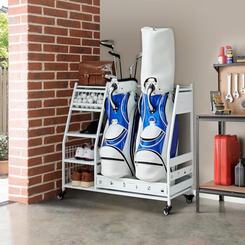 Lauren&Harold Golf Bag Organizer Garage Storage, Golf Storage Rack Stand Fits 2 Golf Bags, Golf Clubs and Other Golfing Equipment Accessories, Golf Organizer for Garage, Club, Shed, Basement - color: White, size: Middle