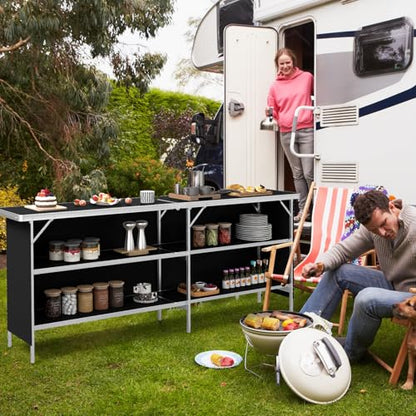 COSTWAY 81" Folding Picnic Table, Portable Bar Table with Carry Bag | Lightweight Aluminum Food Prep Station with 2 Shelves, Quick Set-up, BBQ, Party, Backyard, Black - color: Black, size: 81"W x 32.5"H