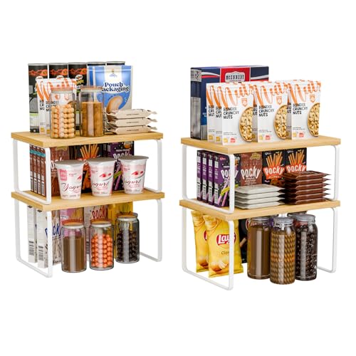 Ekisemio Kitchen Cabinet Organizer, Bamboo Spice Rack Organizer for Cabinet, Stackable & Expandable Counter Shelves, Set of 4, White and Natural
