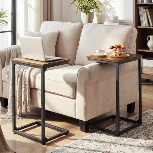 AMHANCIBLE C Shaped End Tables Set of 2, Couch Side Tables that Slide Under Sofa, Slim TV Trays for Living Room and Bedroom, Narrow Space Saving Laptop Workstation, Rustic Brown, HET02BBR - color: Rustic Brown