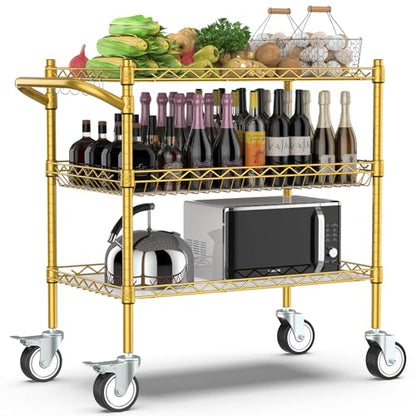 Leteuke 3 Tier Rolling Carts with Wheels, Heavy Duty Rolling Utility Cart | NSF Commercial Grade Metal Cart with Handle&Shelf Liner,Trolley Serving Cart for Kitchen,Restaurant,Plant Display,Gold - color: Gold