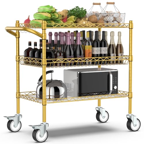 Leteuke 3 Tier Rolling Carts with Wheels, Heavy Duty Rolling Utility Cart | NSF Commercial Grade Metal Cart with Handle&Shelf Liner,Trolley Serving Cart for Kitchen,Restaurant,Plant Display,Gold - color: Gold