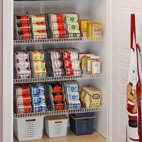 Stackable Can Organizer for Pantry with 2 Adjustable Dividers, Soda Can Organizer, Can Storage Dispenser Holds up to 28 Cans, 2 tier Metal Wire Baskets Can Holder for Kitchen Cabinet Pantry, Black - size: S-(2 pack)