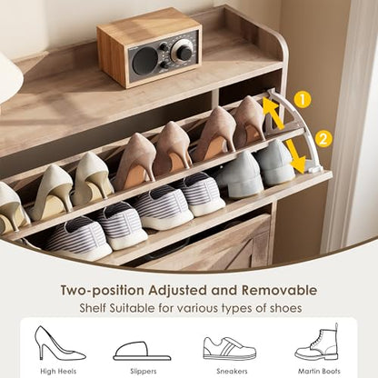 Nicetree Shoe Cabinet with 2 Flip Drawers，Freestanding Shoe Storage Cabinet, Narrow Shoe Organizer Cabinet, Farmhouse Slim Shoe Rack Cabinet for Entryway,Toasted Oak - color: Toasted Oak