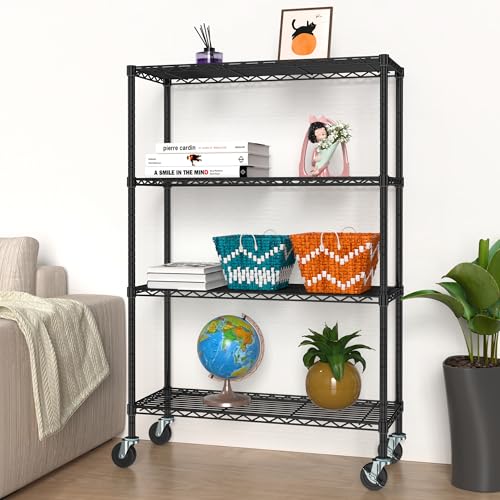 4 Tier Wire Metal Shelving Rack Garage Storage Rolling Shelves with Wheels | Heavy Duty Adjustable Industrial Shelving Steel Wire Organizer Rack for Kitchen Garage Pantry Office Bathroom - size: 4-Tier Metal Shelf（36L x 14W x 57H）