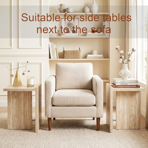 Hyfirm Modern Faux Travertine Side Table Small T-Shaped End Table | Space-Saving Accent Table with Travertine Finish Nightstand for Use Beside Sofa in Living Room Bedroom Apartments and Office - color: Beige