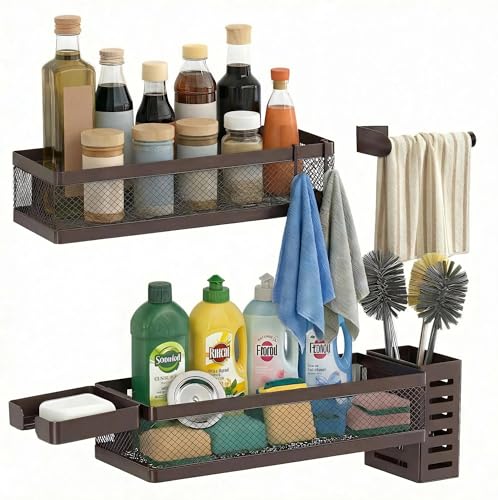 PUSDON 5-in-1 Wide Wall Mount Wrapped Mesh Kitchen Organizer & Shower Caddy Kit, with Paper Towel Holder, Utensil Holder, Soap Dish, Heavy Duty 50LBS - Vintage Bronze, Netting - color: Vintage Bronze, size: 5-in-1 Full Mesh (12.6" Wide)