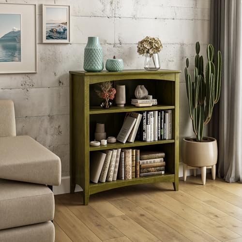 Camaflexi Shaker Style 3 Shelf Bookcase/Solid Wood / 36" High/Adjustable Shelving/Closed Back/Display Bookshelf for Living Room, Bedroom, Home and Office, Olive Grove Green - color: Olive Grove Green, size: 36"