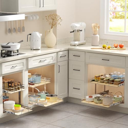ROOMTEC 2 Tier Individual Pull Out Cabinet Organizer 22½"W x 21½"D, Slide Out Wood Shelves Organizers, Pull Out Drawers Organization and Storage for Kitchen Cabinet - size: 22½" W x 21½" D