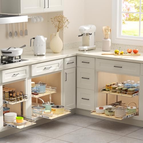 ROOMTEC 2 Tier Individual Pull Out Cabinet Organizer 13½"W x 21½"D, Slide Out Wood Shelves Organizers, Pull Out Drawers Organization and Storage for Kitchen Cabinet - size: 13½" W x 21½" D