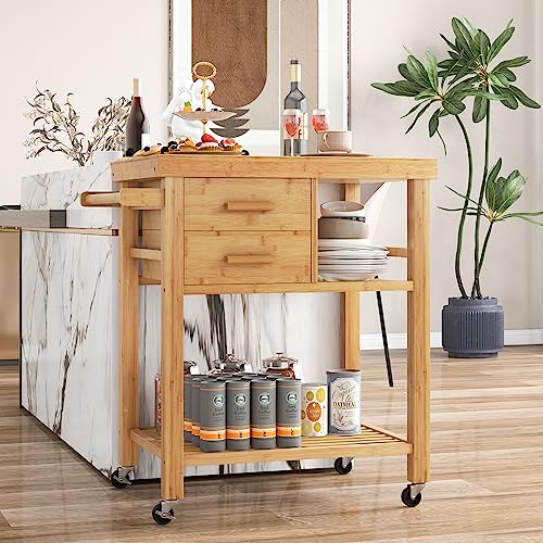 Kitchen Island, Rolling Butcher Block Kitchen Cart on Wheels | Bamboo Kitchen Trolley with Drawers, Shelves, Towel Rack, Small Kitchen Island Cart for Dining Room - size: 32.5"Lx21.5"Wx35.5"H