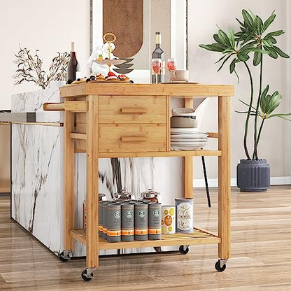 Kitchen Island, Rolling Butcher Block Kitchen Cart on Wheels | Bamboo Kitchen Trolley with Drawers, Shelves, Towel Rack, Small Kitchen Island Cart for Dining Room - size: 32.5"Lx21.5"Wx35.5"H
