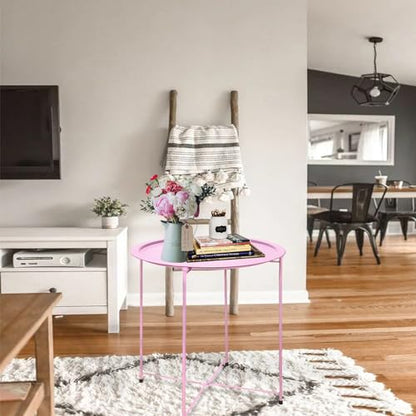 Garden 4 you End Table 2 PCS Metal Side Table Pink Round Folding Tray Cyan Sofa Small Accent Fold-able Table, Round End Table Tray, Next to Sofa Table, Snack Table for Living Room and Bed Room - color: Pink