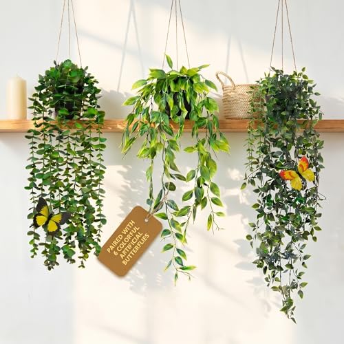 3 Pack Fake Plants Indoor Outdoor with 6 Butterflies – Small Artificial Potted Hanging Plants for Shelf, Balcony, Patio & Wall Decor | Faux Plants for Living Room, Bedroom, Office, Porch - size: 3-pack-3in1
