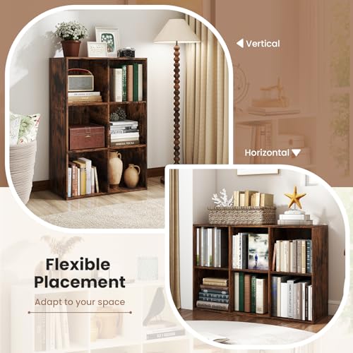 Giantex 6-Cube Bookcase, 3-Tier Cubby Bookshelf, Horizontal Vertical Display Rack with Anti-Tipping Kits, Modern Storage Organizer Shelf Unit for Living Room, Home Office, Rustic Brown | Horizontal Vertical Display Rack with Anti-Tipping Kits, Modern Stor