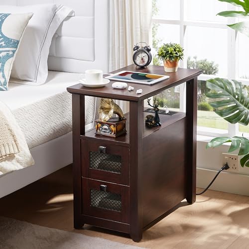 HDDDZSW Farmhouse XXL End Table with Charging Station, Narrow Side Table with USB Ports and Outlets, Nightstand with 2 Drawers Storage, Bedside Tables for Living Room, Bedroom, Rustic Cherry - color: Cherry