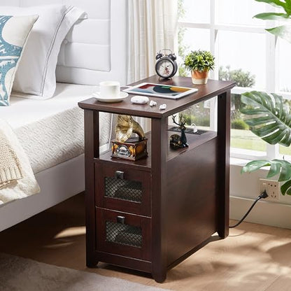 HDDDZSW Farmhouse XXL End Table with Charging Station, Narrow Side Table with USB Ports and Outlets, Nightstand with 2 Drawers Storage, Bedside Tables for Living Room, Bedroom, Rustic Cherry - color: Cherry