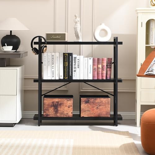 HCHQHS Bookshelf, 3-Tier Industrial Bookcase, Black Open Book Shelf, Freestanding Horizontal Bookshelves with Metal Frame - color: Ebony Black, size: 3-Tier (35.8"W x 35.8"H)