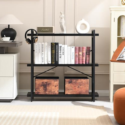 HCHQHS Bookshelf, 3-Tier Industrial Bookcase, Black Open Book Shelf, Freestanding Horizontal Bookshelves with Metal Frame - color: Ebony Black, size: 3-Tier (35.8"W x 35.8"H)