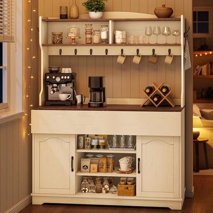 47.2 inch Bakers Rack with Storage and Drop Leaf, Farmhouse Coffee Bar Cabinet with Power Outlet, Large Microwave Stand with Storage Cabinet, 10 Hooks and Curved Design for Kitchen, Walnut, White - size: 47.2 in Drop Leaf Countertop