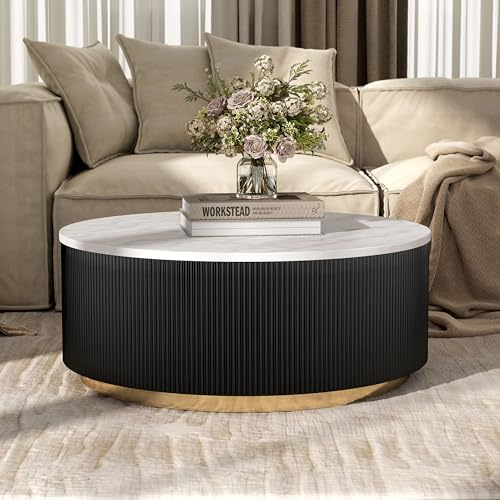 Furniture of America Beryl Modern Round White Genuine Marble Top Coffee Table with Fluted Pedestal Base and Gold Stainless Steel Accent, Low Profile Table for Living Room, Home Office, Black - size: Coffee table, style: Round