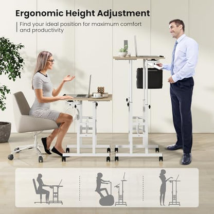 Tangkula Mobile Standing Desk, Height-Adjustable Laptop Podium Cart with Tilting Tabletop & Adjustable Angle, Rolling Stand Up Computer Desk with 2 Hanging Hooks & Lockable Casters for Home Office - color: Natural