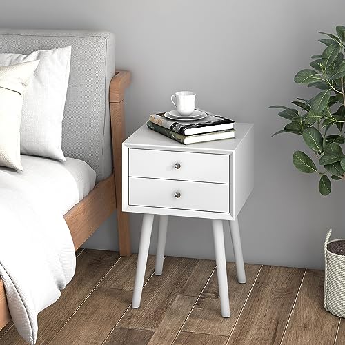 GOFLAME Nightstand with 2 Drawers, Small Wooden Side Table, Mid Century Modern Bedside Table with Storage, Compact End Table for Bedroom, Easy Assembly, White - color: White