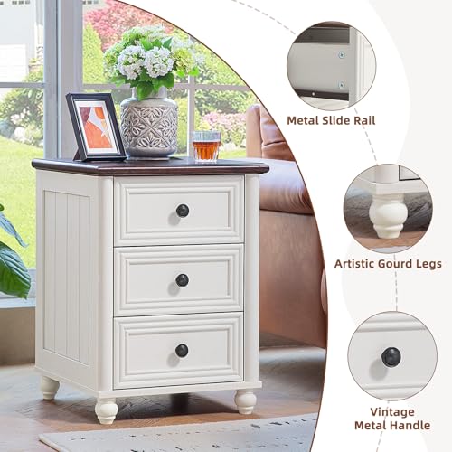 RWYHG 18" Nightstands Set of 2 with Charging Station & 3 Drawers | Farmhouse Modern Night Stand, Bedside Table with Metal Handle, White Bed Side End Tables for Bedroom Living Room - color: Elegant White, size: 18"D x 18"W x 24"H (3 Drawers)