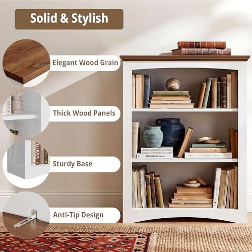 IRONCK 43" Tall 3-Tier Bookshelf, Farmhouse Bookcase White | White finish, anti-tip design, wood thick shelf, 30" wide floor-standing unit for home office, living room, bedroom