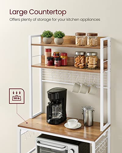 VASAGLE Bakers Rack with Power Outlet, Microwave Stand, Kitchen Tall Utility Storage Shelf, with Metal Wire Panel, 14 Hooks, 15.7 x 31.5 x 66.9 Inches, Rustic Walnut and Cloud White UKKS025W41 - color: Rustic Walnut + Cloud White, size: 31.5"W