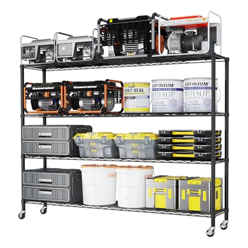 Metal Storage Shelf, Garage Storage Organization Wire Rack, Adjustable 4 Tier Wire Shelf with Wheels, Space Saving Design for Home Office, Living Room, Bedroom, 59"W x 23.6"D x 75.6"H, Black - color: Black, size: 4-tier 59.06"W x 23.62"D x 75.59"H Wheels