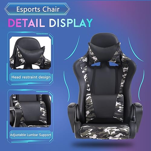 PayLessHere Ergonomic Racing Desk Chair Gaming Chair Computer Chair with Armrests 360° Swivel & Caster Pu Desk Task Chair Executive Headrest Lumbar Support for Back Pain Women Men and Adults (Camo) - color: Camo