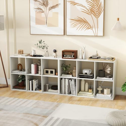 6 Cube Book Shelf, Modern Storage Bookcase with 6 Open Compartments, Open Back and Bottom Back Panels, Heavy Duty Storage Bookshelf for Living Room, Study, Office and Hallway, White