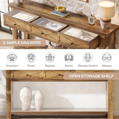 Tribesigns 70.9” Console Table with 3 Drawers, Extra Long Entryway Table for Hallway, Living Room, Narrow Sofa Table Behind Couch with Storage Shelf, Rustic Brown Wood Foyer Furniture