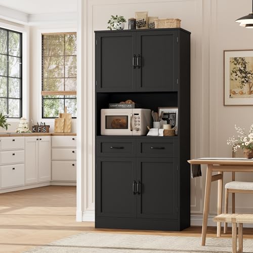 HOSTACK 71“ Tall Kitchen Pantry Storage Cabinet, Modern Kitchen Hutch Bar Cabinet with Microwave Stand, Wood Buffet Sideboard with Hutch, Cupboard with Drawers, Shelves for Dining Room, Black - color: Black