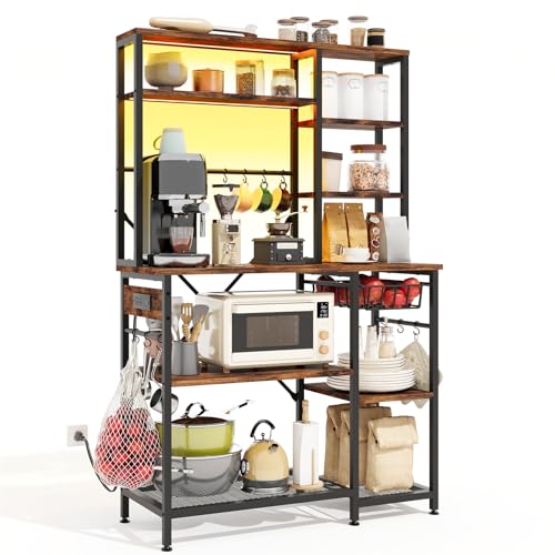 SUPERLELE 6-Tier Bakers Rack with Power Outlets, Large Kitchen Storage Shelf with Adjustable Shelves & 12 Hooks, Coffee Bar Station Stand for Kitchen, Dining Room, Brown, 39.4" L x 14.6" W x 66.9" H - color: Brown, size: 39.4x14.6x66.9"(with Power Outlet)