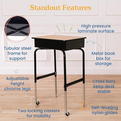 ECR4Kids Mobile Open Front Desk with Metal Storage Book Box, Classroom Furniture, Oak - color: Oak