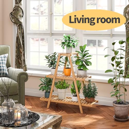 Bamboo Plant Stand - Indoor/Outdoor 3 Tier Plant Ladder, 8 Potted Flower Holder, Natural - color: Natural