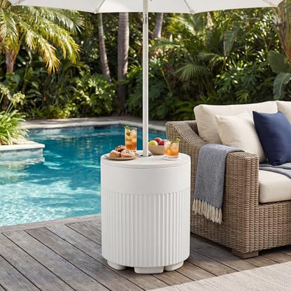 SUNBURY Outdoor Umbrella Side Table, Patio Table with Umbrella Hole, Round Base Outdoor Garden Stand for Modern Coffee, Picnic or Poolside Table, Easy Assembly, White