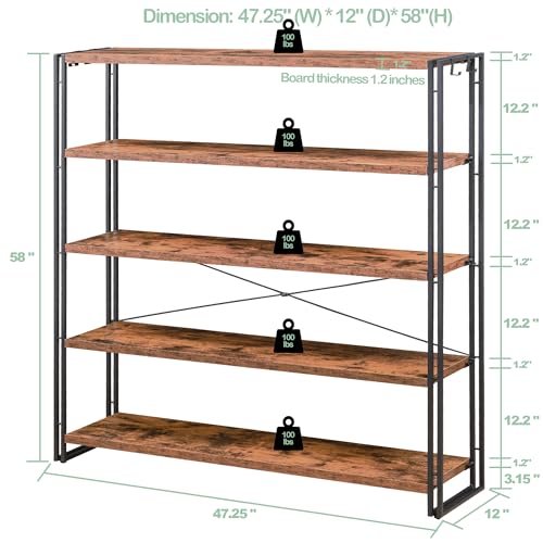 HCHQHS Bookshelf, 5-Tier Industrial Bookcase, Rustic Open Book Shelf, Freestanding Tall Bookshelves with Metal Frame - color: Rustic Brown, size: 5-Tier (47"W x 55.5"H)