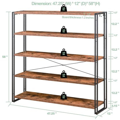 HCHQHS Bookshelf, 5-Tier Industrial Bookcase, Rustic Open Book Shelf, Freestanding Tall Bookshelves with Metal Frame - color: Rustic Brown, size: 5-Tier (47"W x 55.5"H)