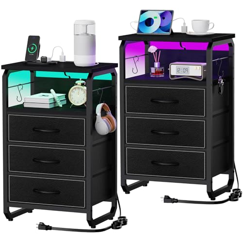 runjuly Large Nightstand Set of 2 with Charging Station, Bed Side Tables Bedroom Set of 2, Black Night Stand Set 2, Bedside Table with 3 Fabric Drawers, Night End Table with Storage for Bedroom, Dorm - color: Black, style: Larger+Taller Set of 2