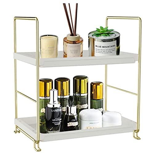2-Tier Makeup Perfume Counter Organizer, Bathroom Countertop Shelf Vanity Bedroom Storage Tray,Kitchen Spice Rack Standing Shelf(Gold,White) - size: Square