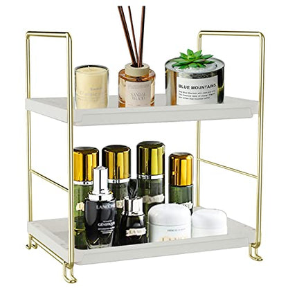 2-Tier Makeup Perfume Counter Organizer, Bathroom Countertop Shelf Vanity Bedroom Storage Tray,Kitchen Spice Rack Standing Shelf(Gold,White) - size: Square