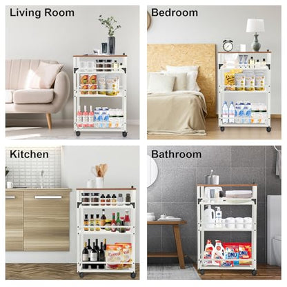 2026 New, Slim Kitchen Storage Cart, 3 Tier Metal Rolling Utility Cart Mesh Basket, Multifunction Wire Basket Shelf Trolley for Home Laundry, Bathroom, Living Room, White - color: White