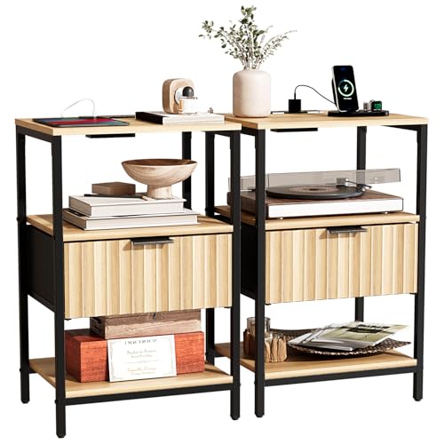 Bonnlo Fluted Nightstand Set of 2, End Table with Fabric Drawer with Charging Station, Night Stand with Storage Shelf & Hook, Fluted Side Table for Bedroom/Living Room,Oak - color: Oak, size: 1 Drawer