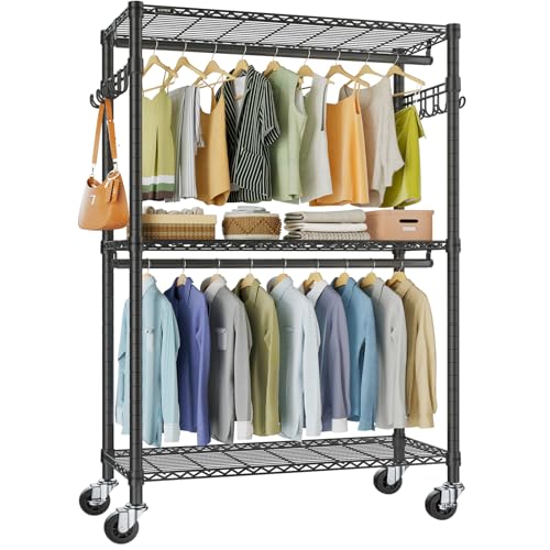 VIPEK R2 Plus Heavy Duty Rolling Garment Rack 3 Tiers Adjustable Wire Shelving Clothes Rack with Double Rods and Side Hooks, Freestanding Wardrobe Storage Rack Metal Clothing Rack, Black - color: Black, size: R2 Plus
